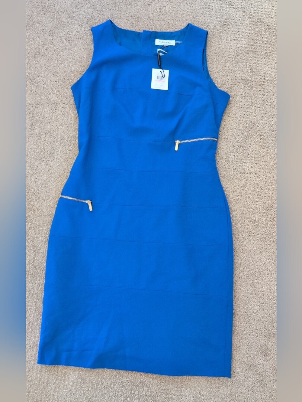 Calvin Klein Gold Hardware Zipper Detail Sleevless Blue Cocktail Sheath Dress